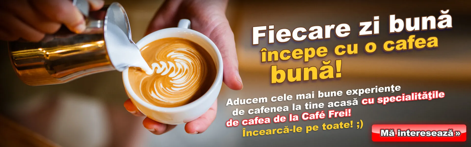 Fiecare zi bună începe cu o cafea bună! Aducem cele mai bune experiențe de cafenea la tine acasă cu specialitățile de cafea de la Café Frei! Încearcă-le pe toate!