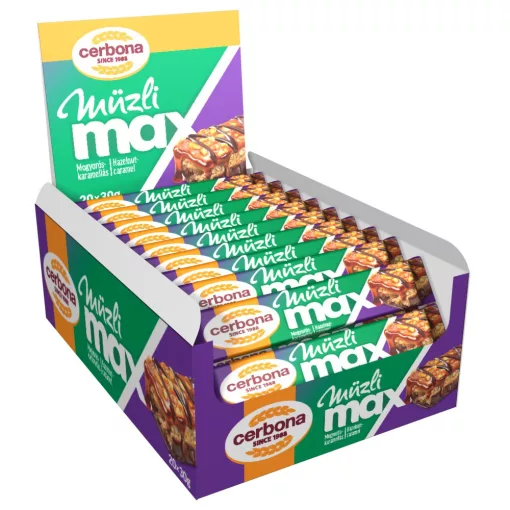 Cerbona MAX Mogyorós müzliszelet, sós-karamella réteggel, kakaós bevonó talppal 20 x 30g / 20 db