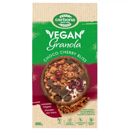Cerbona Granola Vegană cu Ciocolată și Cireșe, fără zahăr adăugat - 300 g