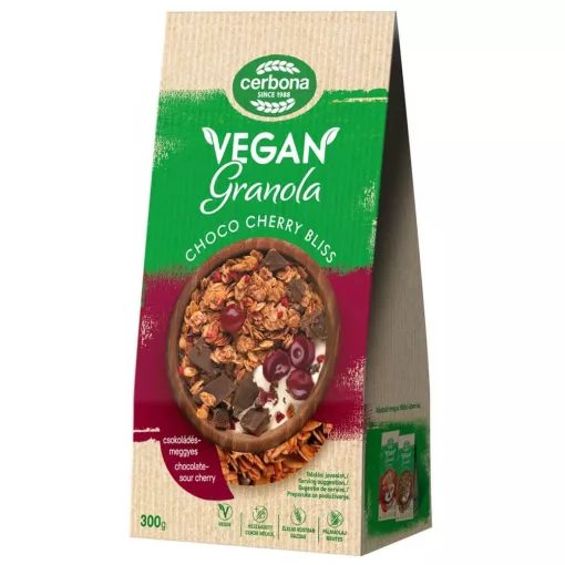 Cerbona Granola Vegană cu Ciocolată și Cireșe, fără zahăr adăugat - 300 g
