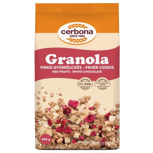 Cerbona Piros gyümölcsös-fehér csokoládés granola müzli 450g