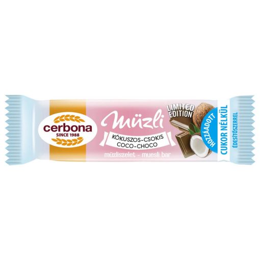 Cerbona Kókuszos-csokoládés müzliszelet kakaós tejbevonó talppal, cukor hozzáadása nélkül, édesítőszerekkel 20 g