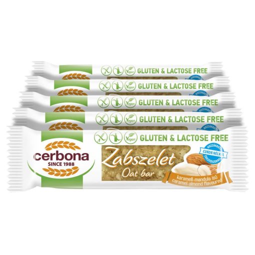 Baton ovăz cu caramel și migdale Cerbona, fără gluten, fără lactoză, cu îndulcitori - 5 x 40 g / Pachet de gustări