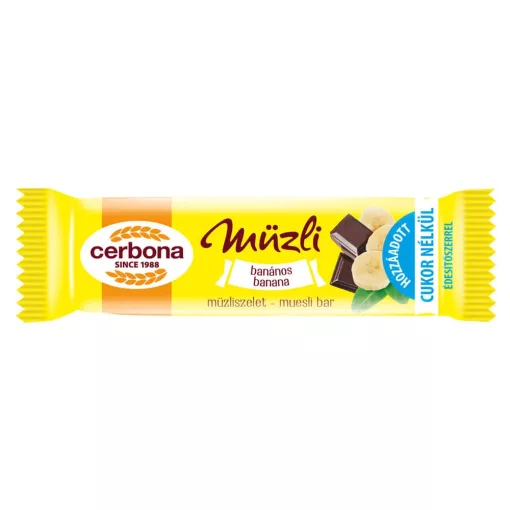 Baton musli cu banane și glazură de cacao Cerbona, cu îndulcitori - 20 x 20 g / 20 buc