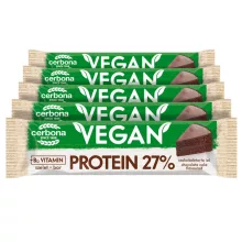 Baton proteic vegan cu aromă de tort de ciocolată, cu glazură de cacao, Cerbona, fără gluten, cu îndulcitori - 5 x 40 g / Pachet de gustări