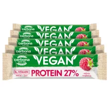 Baton proteic vegan cu aromă de zmeură, cu glazură de cacao, Cerbona, fără gluten, cu îndulcitori - 5 x 40 g / Pachet de gustări