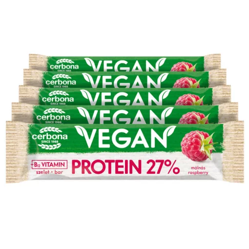 Baton proteic vegan cu aromă de zmeură, cu glazură de cacao, Cerbona, fără gluten, cu îndulcitori - 5 x 40 g / Pachet de gustări