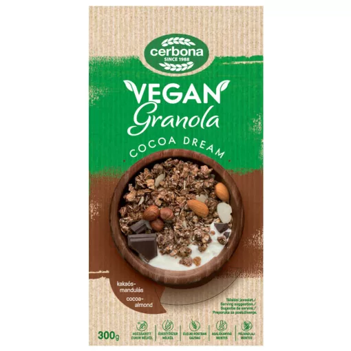 Granola cu migdale și ciocolată, vegane, Cerbona, fără zahăr adăugat - 300 g