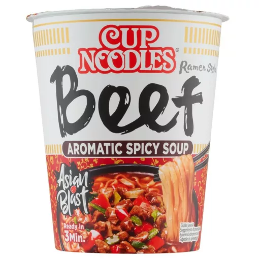 Nissin Cup Noodles poharas fűszeres instant tésztaleves marha ízesítéssel - 64 g